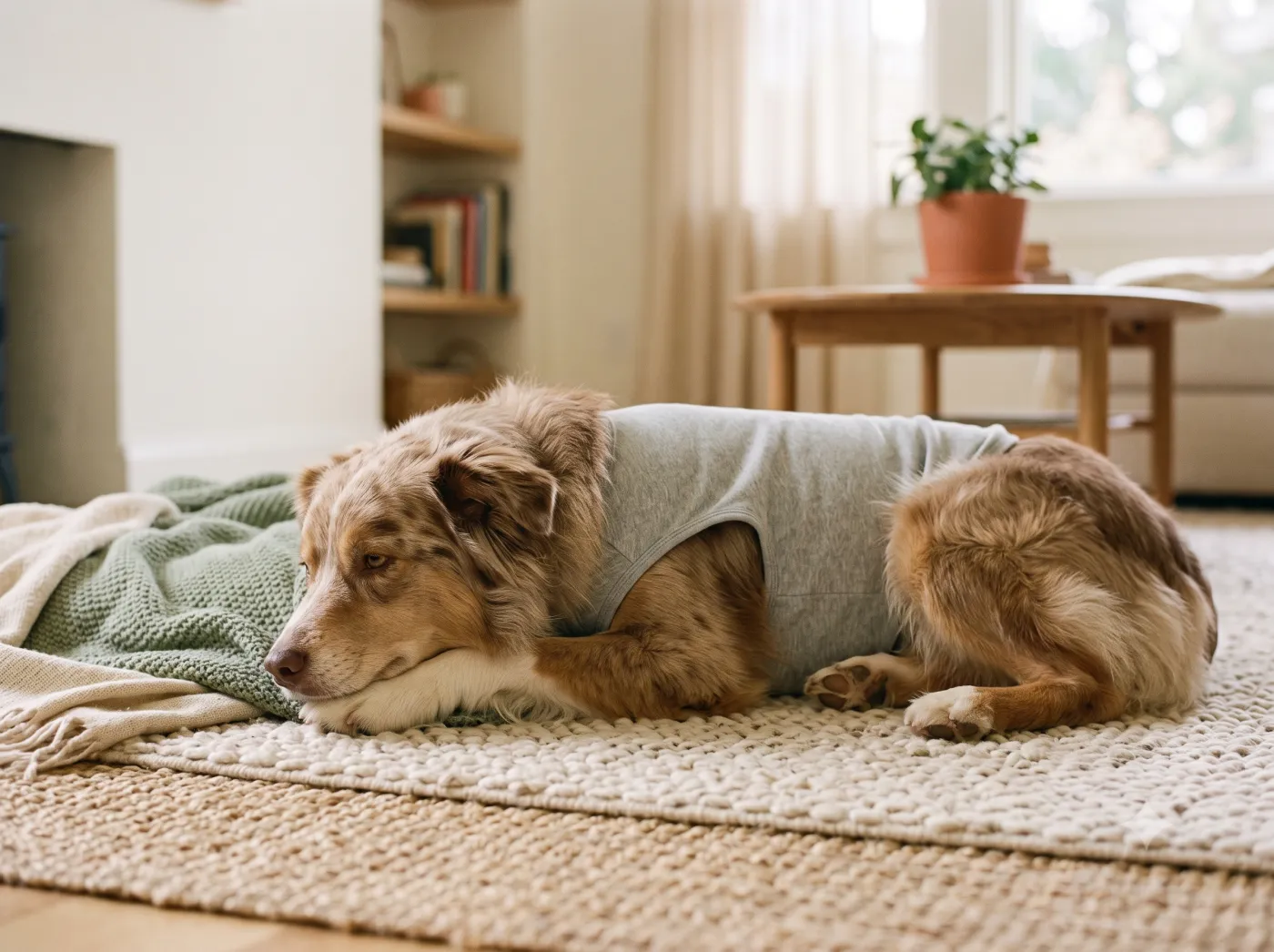 A calm dog relaxing in a gray calming anxiety vest at home