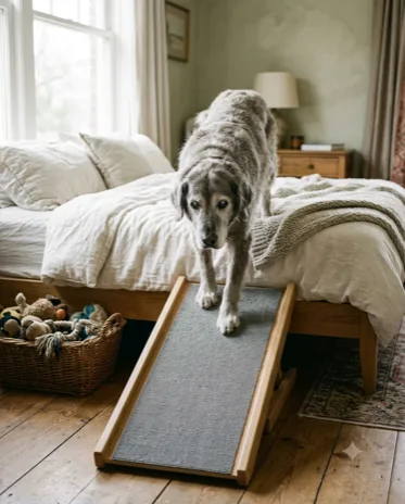 A senior dog using a ramp to reach a bed