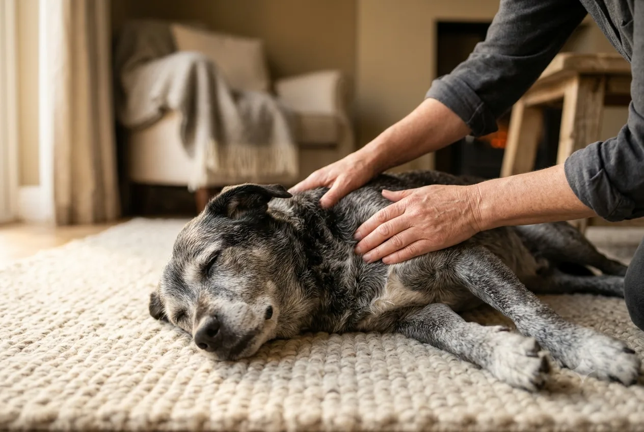 A person crouching to comfort a grey-muzzled dog resting on a wool rug
