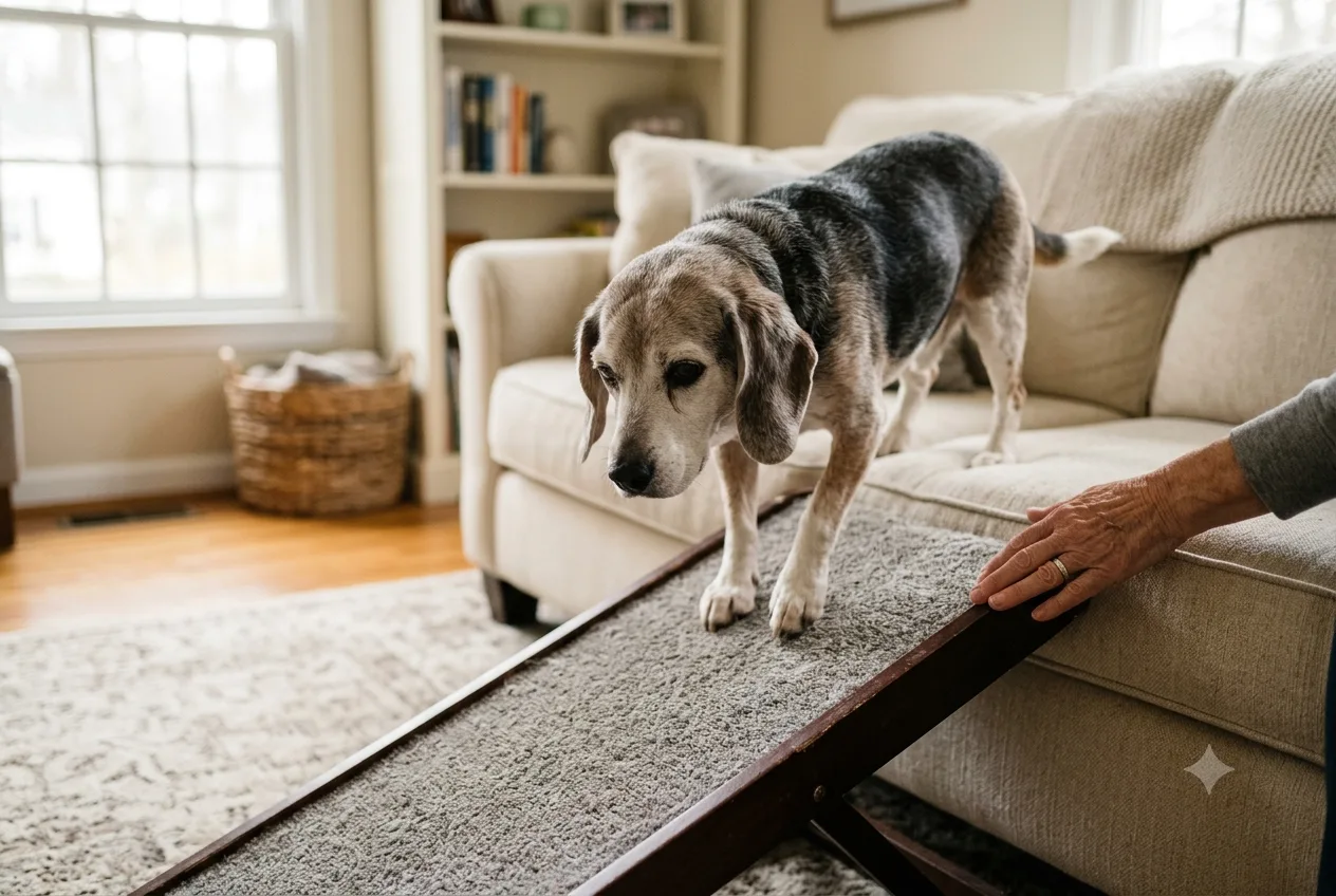 An elderly beagle walking down a carpeted ramp from a sofa while its owner steadies the top end