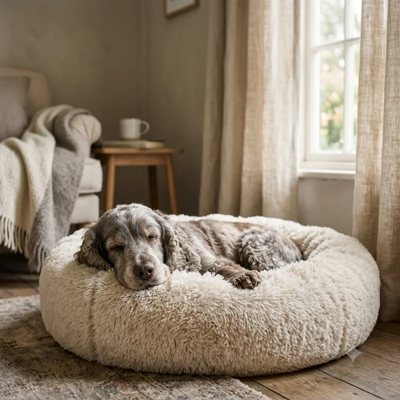 An elderly cocker spaniel curled asleep in a deep cream donut bed beside a bright window