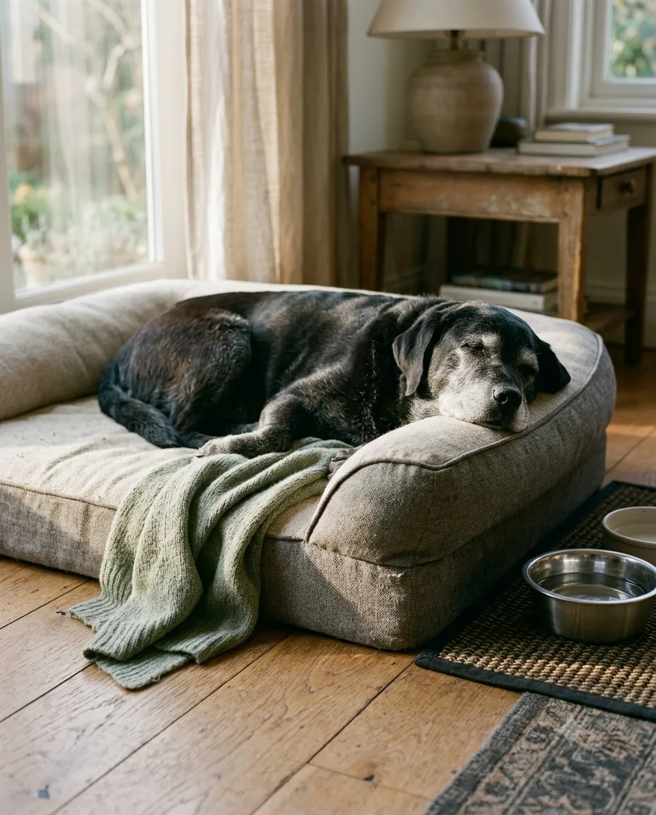 An old black labrador asleep on a cream bolster bed beside a sunny window