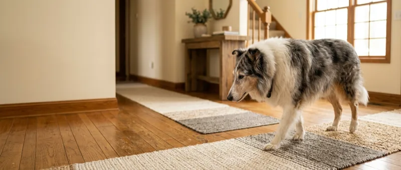 A grey-faced collie walking along runner rugs laid end to end across a hardwood hallway