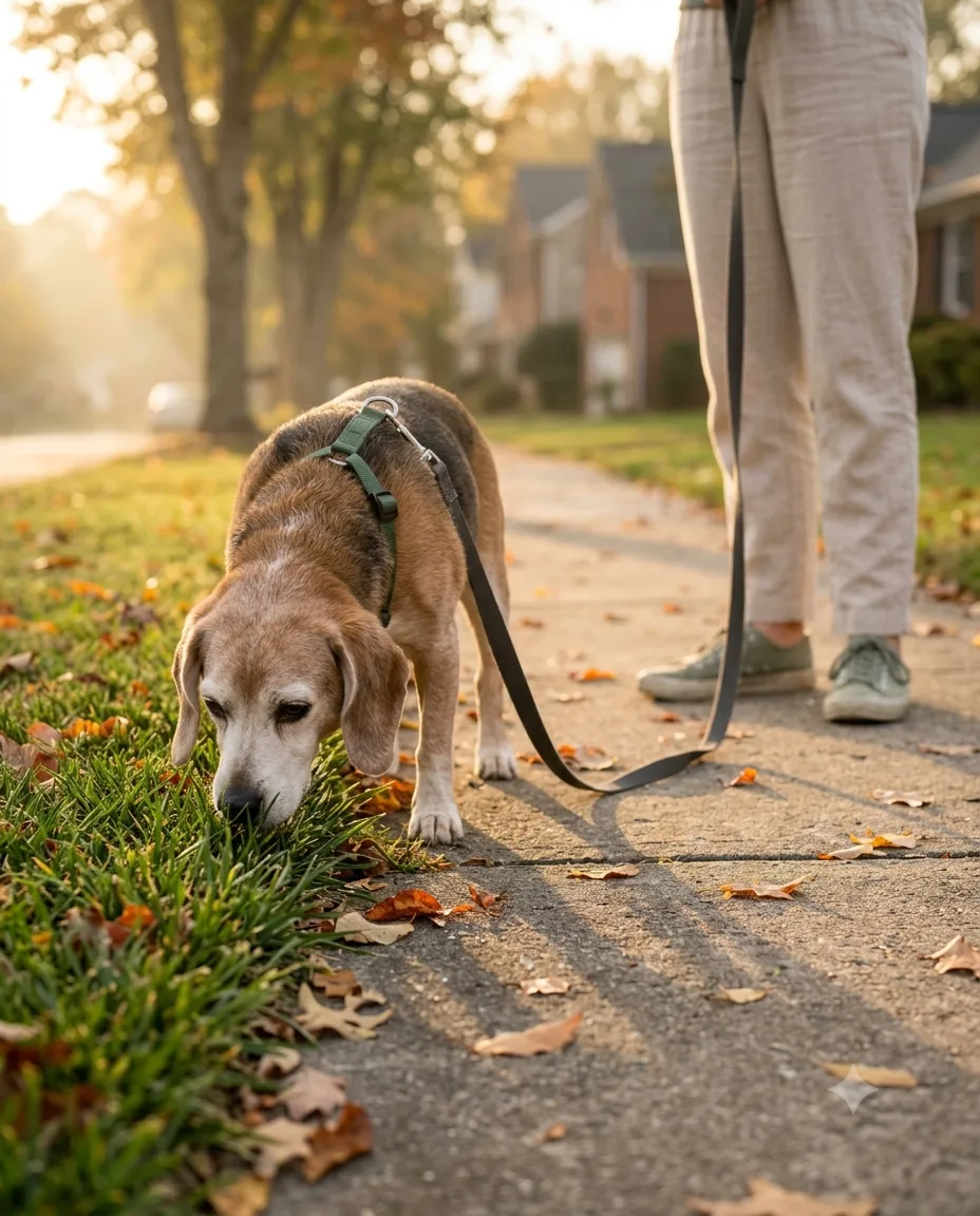 An old beagle sniffing along a sidewalk on a slow autumn walk